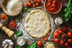 ai generiert roh Teig zum Pizza Vorbereitung mit Zutaten. Tomate Soße, Mozzarella, Basilikum, Olive Öl, Käse, Gewürze serviert auf rustikal hölzern Tabelle foto