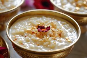 ai generiert Kheer, Payasam, ein cremig und Süss Reis Pudding indisch Gericht, gemacht durch Sieden Milch, Zucker oder zackig, und Reis. generativ ai foto