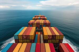ai generiert ein geladen Container Ladung Schiff ist gesehen voraus über das Ozean. generativ ai foto