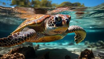 ai generiert ein groß Meer Schildkröte Schwimmen im das Blau unter Wasser generiert durch ai foto