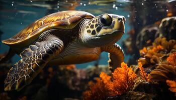 ai generiert schön unter Wasser Natur schließen oben von ein multi farbig Meer Schildkröte generiert durch ai foto