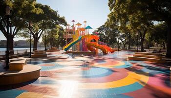 ai generiert Kind spielen auf ein bunt rutschen beim ein Sommer- Spielplatz generiert durch ai foto