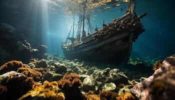 ai generiert unter Wasser Abenteuer Fisch, Schiffswrack, Tauchen Tauchen, Koralle, Meer Leben generiert durch ai foto