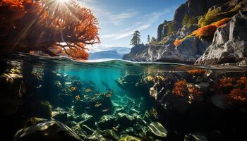 ai generiert unter Wasser Fisch schwimmen im Blau Wasser, erkunden das Koralle Riff generiert durch ai foto