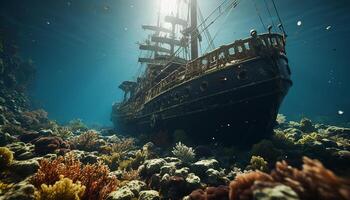ai generiert unter Wasser Abenteuer Fisch, Schiffswrack, Tauchen Tauchen, Koralle, Erkundung, Meer Leben generiert durch ai foto