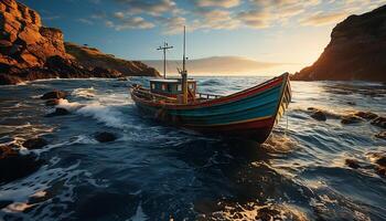 ai generiert Sonnenuntergang Über das still Meer, ein Angeln Boot Segel Zuhause generiert durch ai foto