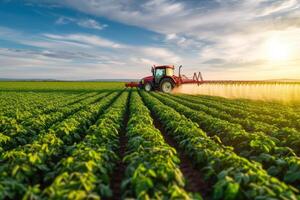 ai generiert Traktor Sprühen Pestizide beim Soja Bohne Feld. generativ ai foto