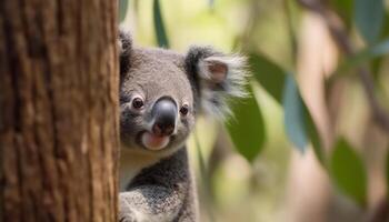 ai generiert süß Koala Sitzung auf Zweig, suchen beim Kamera im Wald generiert durch ai foto