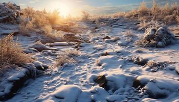 ai generiert Winter Landschaft Schnee bedeckt Wald, gefroren See, Sonnenuntergang Über Berge generiert durch ai foto