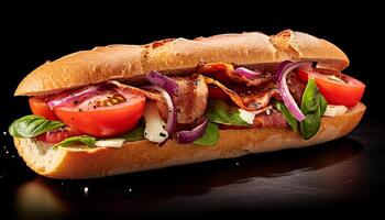 ai generiert gegrillt Rindfleisch Sandwich auf Ciabatta, frisch und Gourmet Mahlzeit generiert durch ai foto