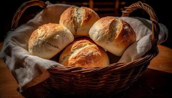 ai generiert frisch gebacken Brot auf hölzern Tisch, ein Gourmet Mahlzeit wartet generiert durch ai foto