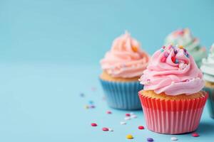 ai generiert bunt Tasse Kuchen isoliert auf Pastell- Blau Hintergrund, Kopieren Raum Stil, generativ ai foto