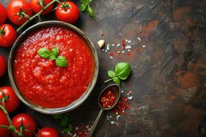 ai generiert hausgemacht Tomate Soße Tomatensoße - - traditionell Rezept von Italienisch Küche - - oben Aussicht mit Kopieren Raum. generativ ai foto