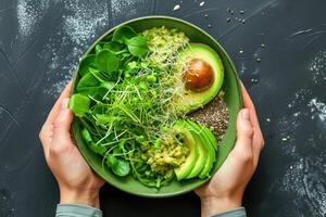 ai generiert Grün vegan Frühstück Mahlzeit im Schüssel mit Spinat, Rucola, Avocado, Saat und Sprossen. Mädchen im Leggins halten Teller mit Hände sichtbar, oben Sicht. sauber Essen, Diät, vegan Essen Konzept foto