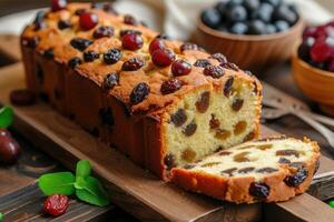 ai generiert hausgemacht Obst Kuchen mit Rosinen foto