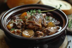 ai generiert hingeben im Französisch Tradition, coq au vin - - ein kulinarisch Meisterstück foto