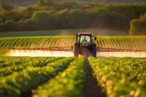 ai generiert Traktor Sprühen Pestizide beim Soja Bohne Feld. generativ ai foto