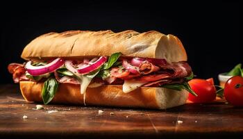 ai generiert gegrillt Schweinefleisch Sandwich auf Ciabatta, frisch Salat, und Tomate generiert durch ai foto