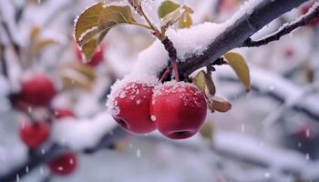 ai generiert Frische von Winter Blatt, Schnee, Zweig, Frucht, draußen, Baum generiert durch ai foto