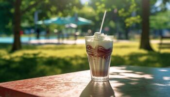 ai generiert erfrischend Sommer- Kaffee, Eis kalt, cremig, mit ein berühren von Schokolade generiert durch ai foto