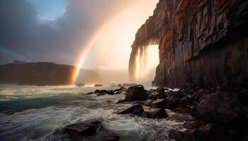 ai generiert majestätisch Felsen Cliff spiegelt Sonnenuntergang Schönheit auf still Wasser generiert durch ai foto