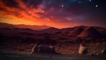 ai generiert majestätisch Berg Bereich, still Dämmerung, staubig Sand Dünen, heiter Wasser generiert durch ai foto