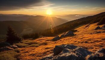 ai generiert majestätisch Berg Gipfel, still Wiese, und heiter Sonnenaufgang generiert durch ai foto