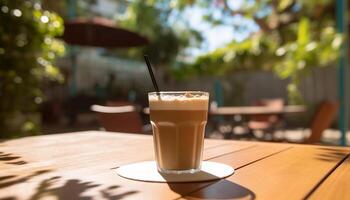 ai generiert Frische im ein Kaffee Geschäft, draußen, schließen oben von ein Latté generiert durch ai foto