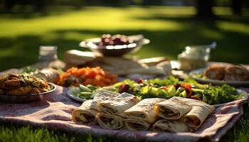 ai generiert gegrillt Fleisch, frisch Salat, hausgemacht Brot perfekt Picknick Mahlzeit generiert durch ai foto