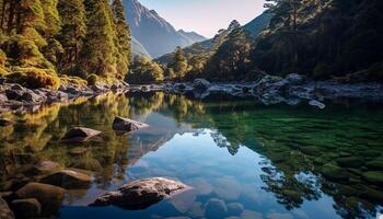 ai generiert still Szene majestätisch Berg Gipfel spiegelt im still Teich generiert durch ai foto