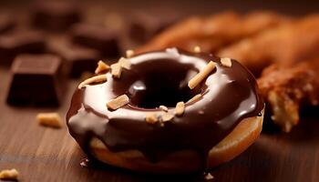 ai generiert ein verlockend hausgemacht Dessert dunkel Schokolade Krapfen auf rustikal Tabelle generiert durch ai foto