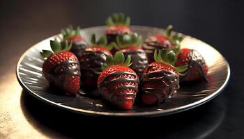 ai generiert frisch Erdbeere Dessert auf hölzern Platte, gesund und nachsichtig generiert durch ai foto