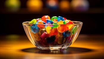 ai generiert ein Schüssel von bunt Süßigkeiten auf ein Tisch, ein Süss Genuss generiert durch ai foto