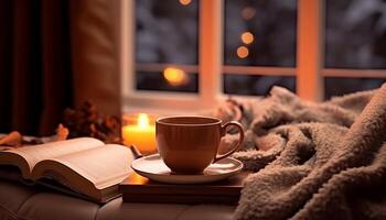 ai generiert gemütlich Schlafzimmer, heiß trinken, lesen Buch, Winter Nacht, komfortabel Sofa generiert durch ai foto