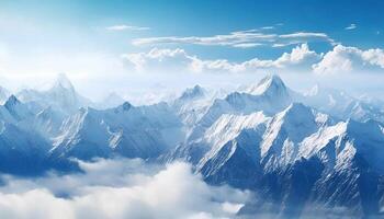 ai generiert majestätisch Berg Gipfel, Schnee bedeckt, Blau Himmel, still Szene, Natur Schönheit generiert durch ai foto