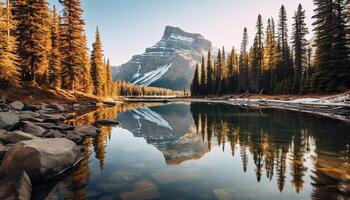 ai generiert still Szene majestätisch Berg Gipfel spiegelt im still Wasser generiert durch ai foto