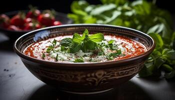 ai generiert frisch Vegetarier Salat mit Tomate, Petersilie, und Minze Blatt Garnierung generiert durch ai foto