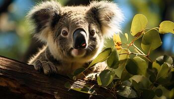 ai generiert süß Koala Sitzung auf Zweig, suchen beim Kamera im Wald generiert durch ai foto