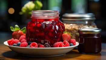 ai generiert frisch Sommer- Beeren auf ein hölzern Tisch, ein gesund Gourmet Dessert generiert durch ai foto