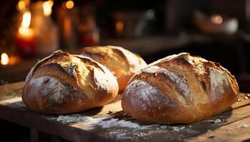 ai generiert frisch gebacken Brot auf hölzern Tisch, hausgemacht und rustikal generiert durch ai foto