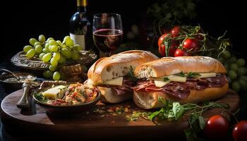 ai generiert Frische auf ein rustikal Tabelle Gourmet Sandwich, gegrillt Fleisch, Wein generiert durch ai foto