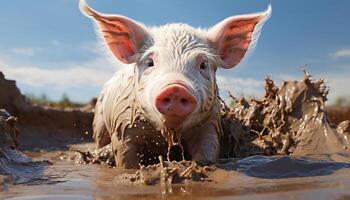 ai generiert süß Ferkel Weiden lassen im das schlammig Wiese auf ein sonnig Tag generiert durch ai foto