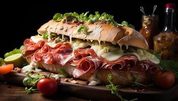 ai generiert gegrillt Schweinefleisch Sandwich auf Ciabatta, frisch Salat, bereit zu Essen Freude generiert durch ai foto