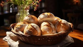 ai generiert frisch gebacken Brot im ein rustikal hölzern Korb auf ein Tabelle generiert durch ai foto