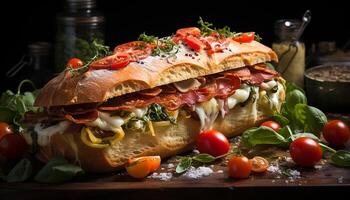 ai generiert Frische auf Teller gegrillt Fleisch, Gourmet Sandwich, gesund Salat generiert durch ai foto