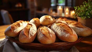 ai generiert frisch gebacken Stangenbrot auf hölzern Tisch, ein Gourmet Mahlzeit generiert durch ai foto