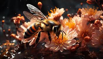 ai generiert beschäftigt Honig Biene Sammeln Pollen von ein Single Blume draußen generiert durch ai foto