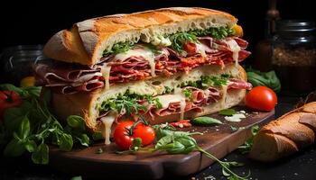 ai generiert ein Gourmet Sandwich mit gegrillt Rindfleisch, frisch Gemüse, und Ciabatta generiert durch ai foto