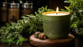 ai generiert Aromatherapie Kerze bringt Entspannung, Frische, und Natur zu das Tabelle generiert durch ai foto