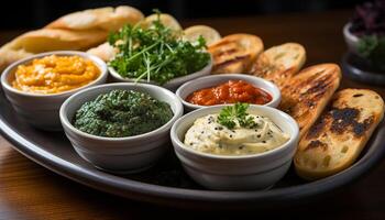 ai generiert Frische und Gourmet Mahlzeit gegrillt Fleisch, Guacamole tauchen auf Brot generiert durch ai foto